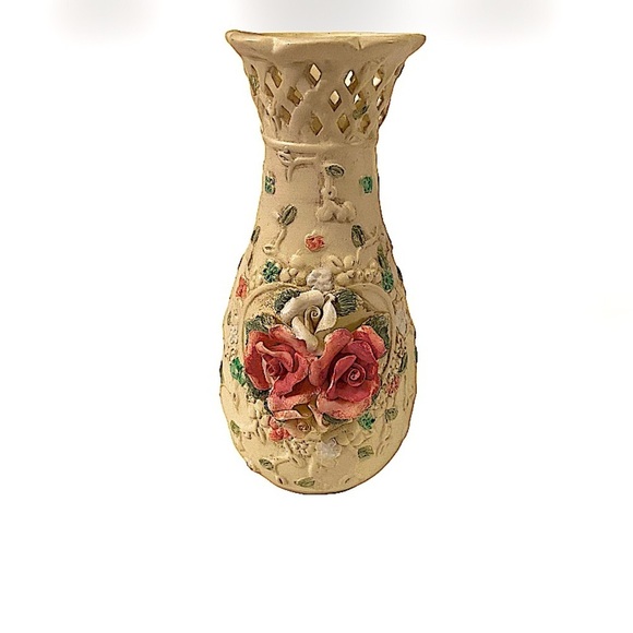 Majolica Other - Italian Barbotine Majolica Vintage Vase Floral Large Pink Roses 7.5” inches.